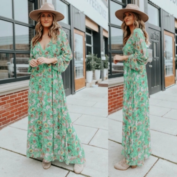 Free People Boho Maxi Dress Floral Green XS or XL - Picture 4 of 8